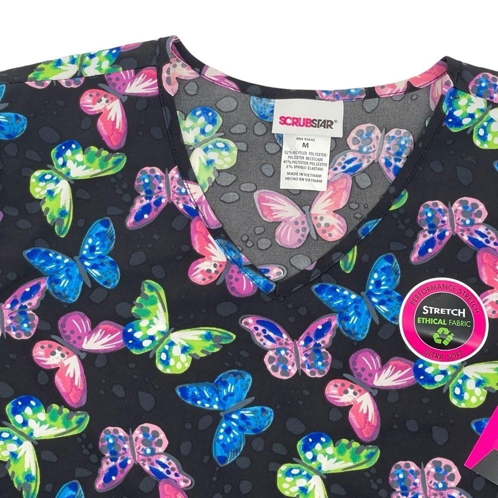 Scrubstar Women’s Size Medium Black Butterfly Scrub Top stretch NWT